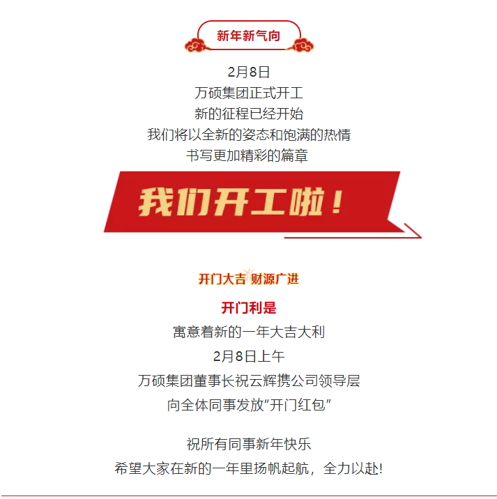 安徽萬(wàn)碩科技產(chǎn)業(yè)（集團(tuán)）有限公司今日開(kāi)門(mén)利是，開(kāi)工大吉！
