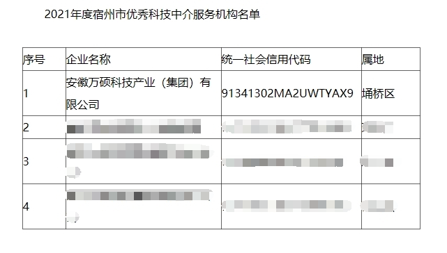 熱烈祝賀安徽萬(wàn)碩科技產(chǎn)業(yè)（集團(tuán)）有限公司被評(píng)為宿州市優(yōu)秀科技中介服務(wù)機(jī)構(gòu)
