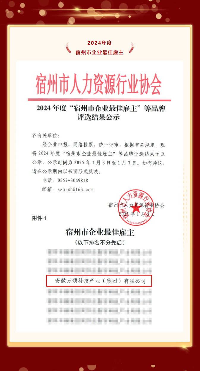 喜報 | 安徽萬碩科技產(chǎn)業(yè)（集團）有限公司榮獲2024年度“宿州市企業(yè)最佳雇主”榮譽稱號